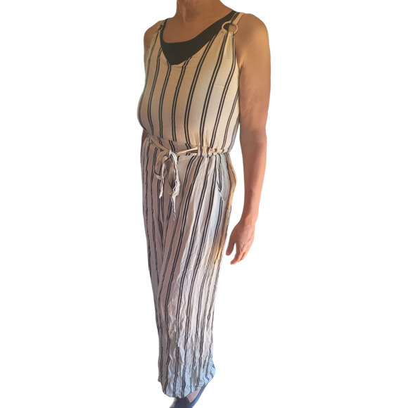 Shoreline Womens Striped Wide Leg Jumpsuit Small Black White Sleeveless O-Ring - Picture 2 of 9